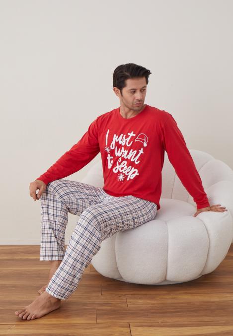 Pijama barbati Craciun , maneca lunga ,pantaloni lungi,Culoare Rosu ,Engros